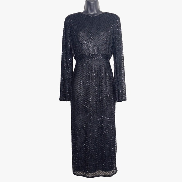 Mac Duggal Dress 8 fully beaded black trellis mesh overlay ls midi mother bride